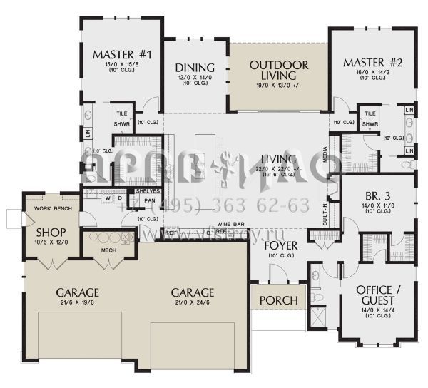 Проект одноэтажного дома с гаражом на три и более машин в стиле Ранчо S5-261 (2559-00876)