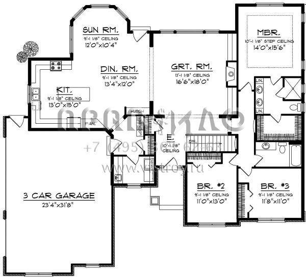 Проект одноэтажного дома с гаражом на три и более машин в стиле Ранчо S5-200 (1020-00144)