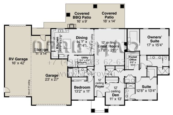 Проект одноэтажного дома с гаражом на три и более машин в стиле Ранчо S5-249 (035-01019)