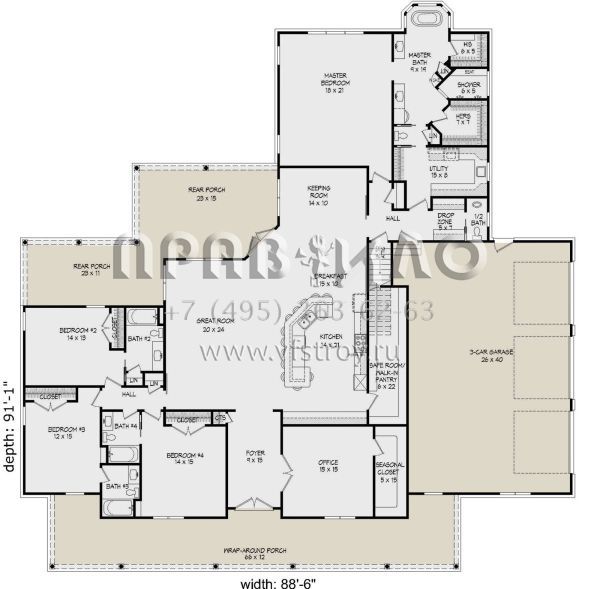 Проект одноэтажного дома с гаражом на три и более машин в стиле Ранчо S5-336 (940-00137)