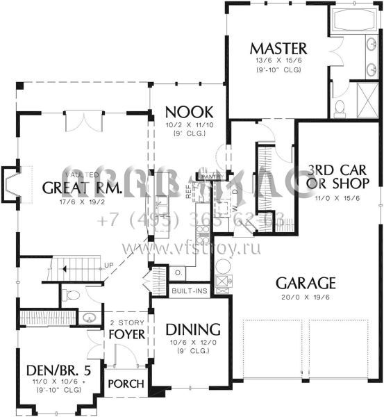 Проект двухэтажного дома с гаражом на три и более машин в стиле Ранчо S5-212 (2559-00323)