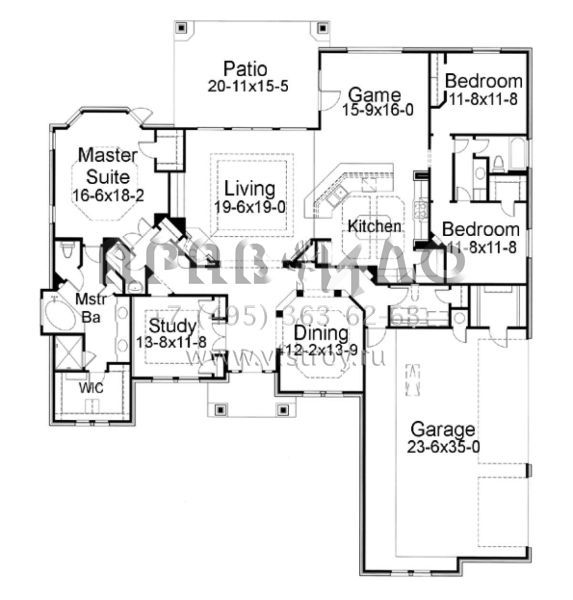 Проект одноэтажного дома с гаражом на три и более машин в стиле Ранчо S5-261 (9401-00067)