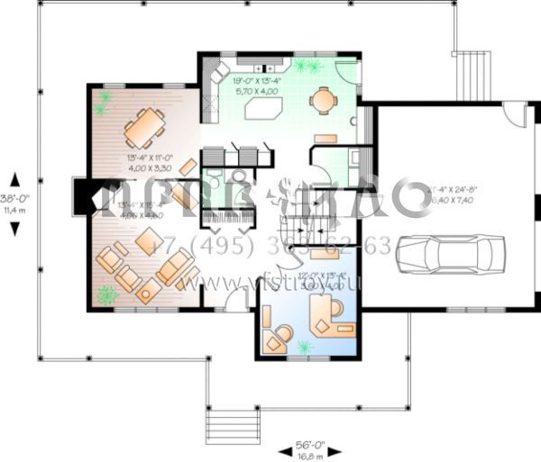 Проект двухэтажного дома с гаражом на две машины в стиле Ранчо S5-198 (034-00081)