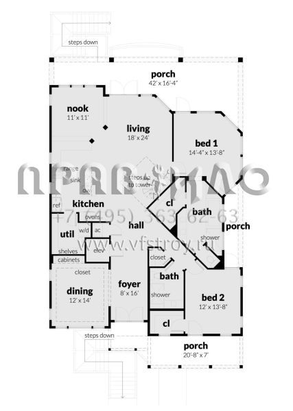 Проект одноэтажного дома без гаража в прибрежном стиле S5-191 (028-00057)