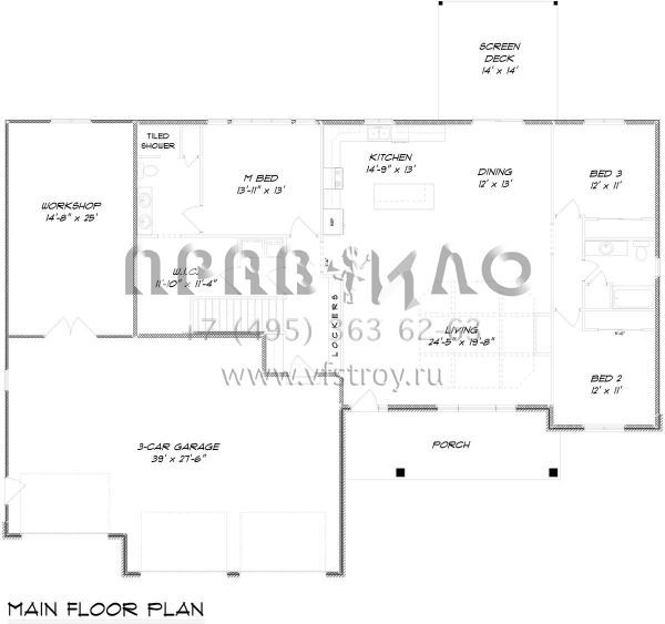 Проект одноэтажного дома с гаражом на три и более машин в стиле Ранчо S5-184 (5678-00012)