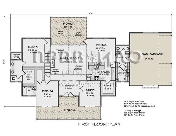 Проект двухэтажного дома с гаражом на три и более машин в стиле Ранчо S5-250 (4848-00391)