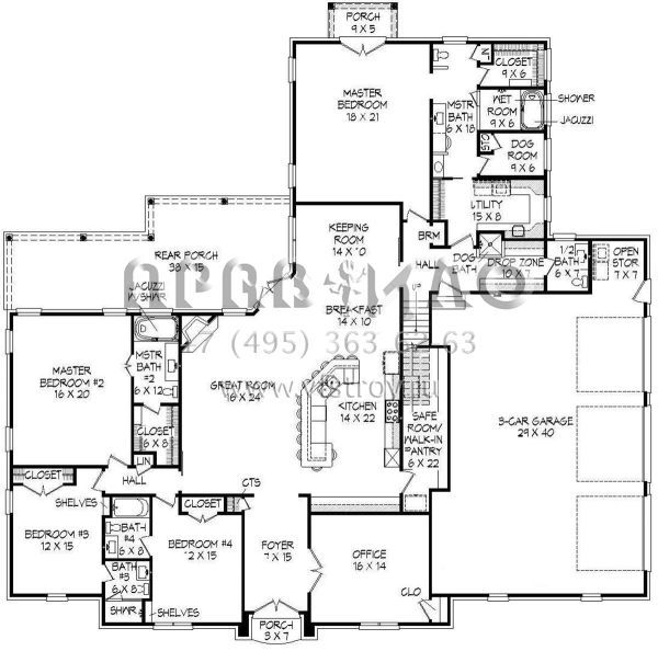Проект двухэтажного дома с гаражом на три и более машин в стиле Ранчо S5-506 (940-00107)