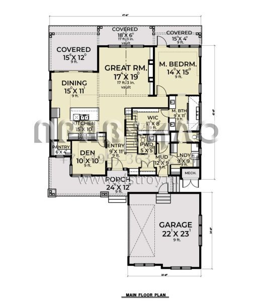 Проект двухэтажного дома с гаражом на две машины в стиле Ранчо S5-230 (2464-00020)