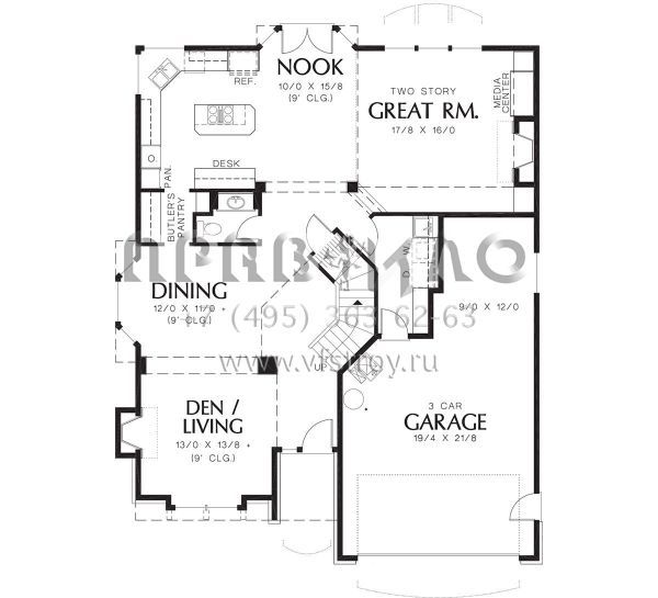 Проект двухэтажного дома с гаражом на две машины в стиле Ранчо S5-262 (2559-00419)