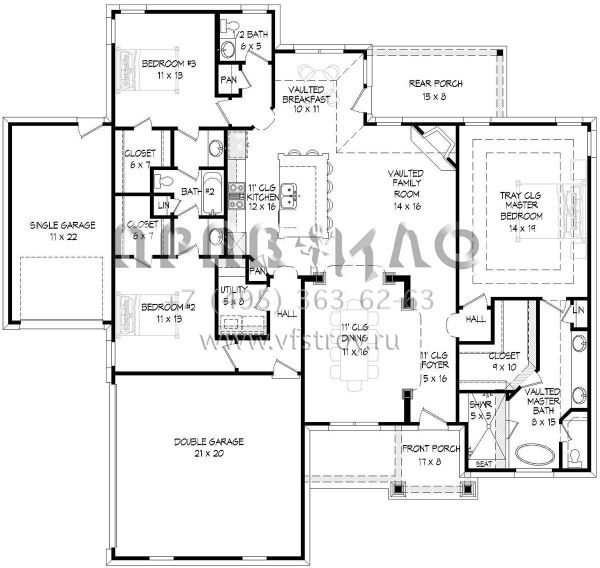 Проект одноэтажного дома с гаражом на три и более машин в стиле Ранчо S5-194 (940-00120)