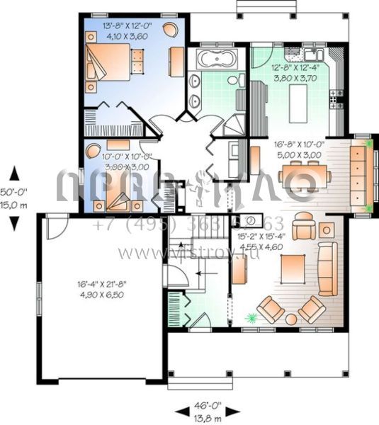 Проект одноэтажного дома с гаражом на одну машину в стиле Ранчо S5-124 (034-00669)