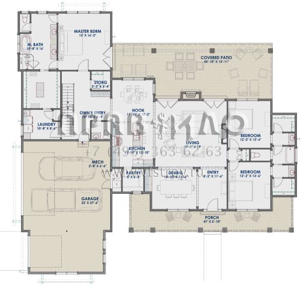 Проект одноэтажного дома с гаражом на три и более машин в стиле Ранчо S5-242 (425-00006)