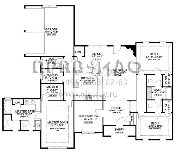 Проект одноэтажного дома с гаражом на две машины в стиле Ранчо S5-220 (9940-00006)