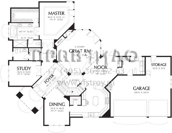 Проект двухэтажного дома с гаражом на три и более машин в стиле Ранчо S5-291 (2559-00528)