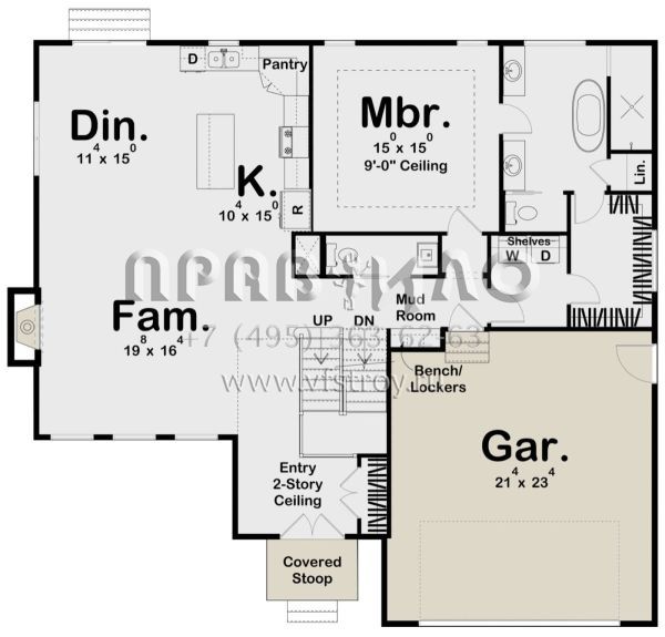 Проект двухэтажного дома с гаражом на две машины в стиле Ранчо S5-218 (963-00646)