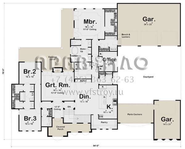 Проект одноэтажного дома с гаражом на три и более машин в прибрежном стиле S5-249 (963-00286)