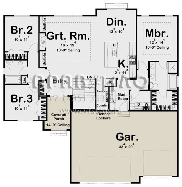 Проект одноэтажного дома с гаражом на три и более машин в прибрежном стиле S5-158 (963-00612)