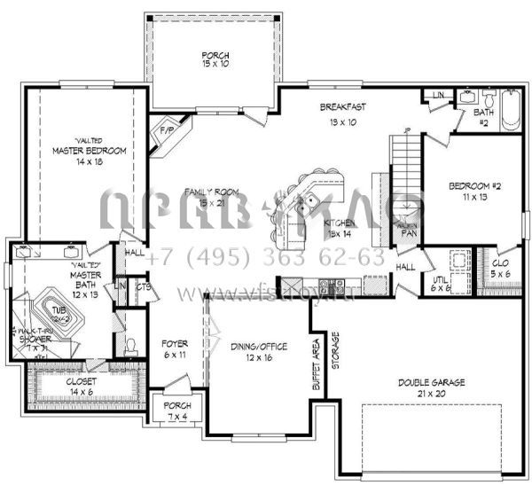 Проект двухэтажного дома с гаражом на две машины в стиле Ранчо S5-286 (940-00035)