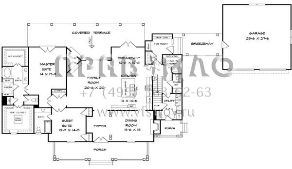 Проект двухэтажного дома с гаражом на две машины в стиле Ранчо S5-319 (6082-00041)