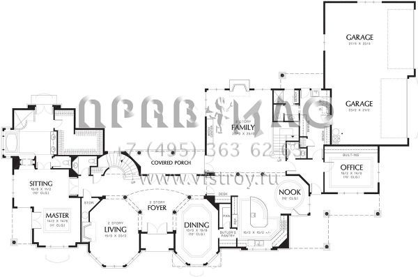 Проект двухэтажного дома с гаражом на три и более машин в стиле Ранчо S5-554 (2559-00574)
