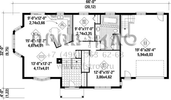 Проект одноэтажного дома с гаражом на одну машину в стиле Ранчо S5-122 (6146-00064)