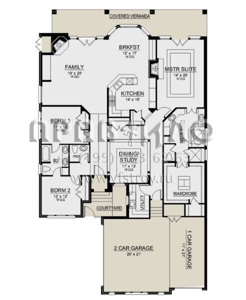 Проект одноэтажного дома с гаражом на три и более машин в стиле Ранчо S5-217 (5445-00409)