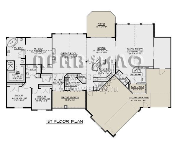 Проект одноэтажного дома с гаражом на три и более машин в американском стиле S5-284 (5032-00032)