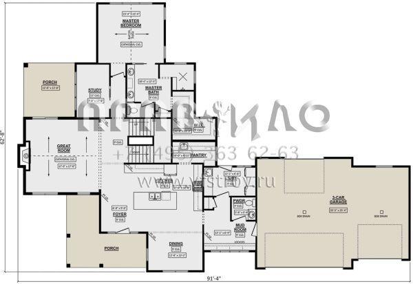 Проект двухэтажного дома с гаражом на три и более машин в стиле Ранчо S5-244 (1958-00013)