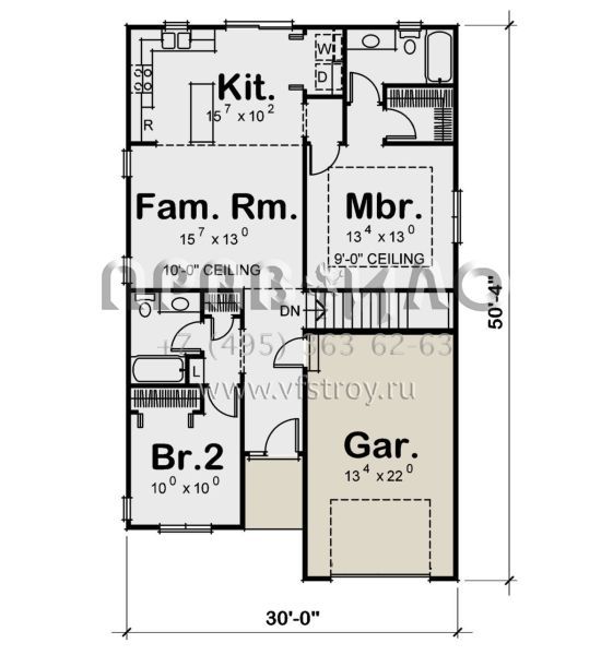 Проект одноэтажного дома с гаражом на одну машину в стиле Ранчо S5-101 (402-01773)