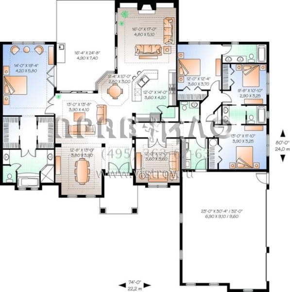 Проект одноэтажного дома с гаражом на три и более машин в прибрежном стиле S5-270 (034-00206)
