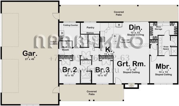 Проект одноэтажного дома с гаражом на три и более машин в стиле БарнХаус S5-158 (963-00762)
