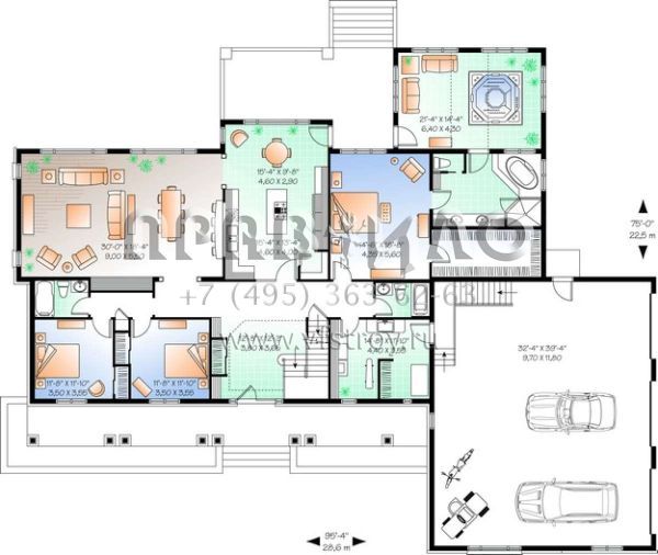 Проект двухэтажного дома с гаражом на три и более машин в стиле Ранчо S5-414 (034-00786)