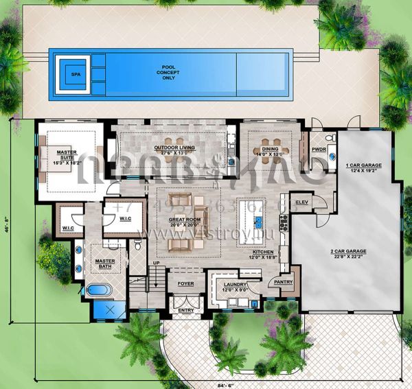 Проект двухэтажного дома с гаражом на три и более машин в прибрежном стиле S5-408 (207-00086)