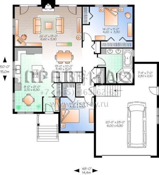 Проект одноэтажного дома с гаражом на две машины в стиле Ранчо S5-129 (034-00970)