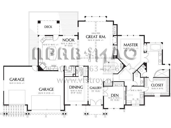 Проект одноэтажного дома с гаражом на три и более машин в стиле Ранчо S5-412 (2559-00179)