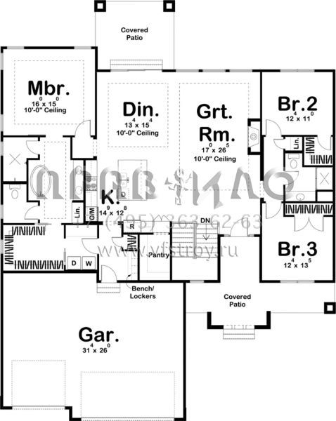 Проект одноэтажного дома с гаражом на три и более машин в стиле Райт S5-196 (963-00324)