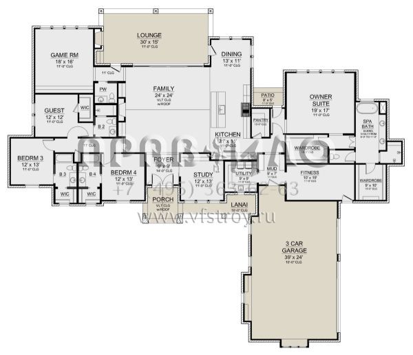 Проект одноэтажного дома с гаражом на три и более машин в стиле Ранчо S5-356 (5445-00510)