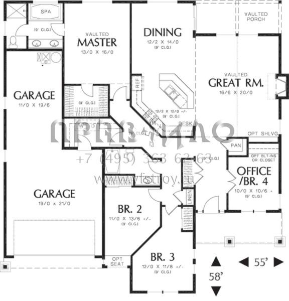 Проект одноэтажного дома с гаражом на три и более машин в американском стиле S5-186 (2559-00140)