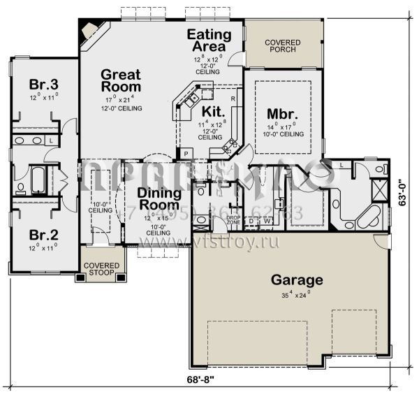 Проект одноэтажного дома с гаражом на три и более машин в стиле Ранчо S5-327 (402-01676)