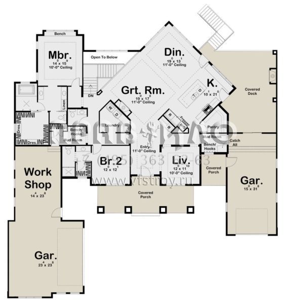 Проект одноэтажного дома с гаражом на три и более машин в стиле Райт S5-227 (963-00156)