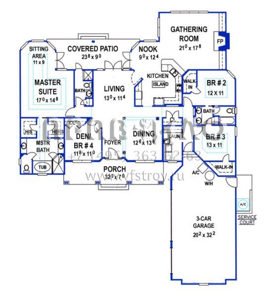 Проект одноэтажного дома с гаражом на три и более машин в стиле Ранчо S5-244 (4766-00151)