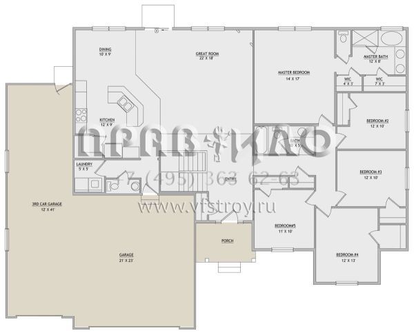 Проект одноэтажного дома с гаражом на три и более машин в стиле Ранчо S5-205 (8768-00059)