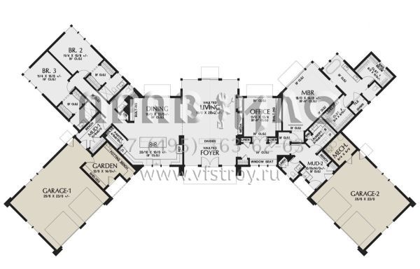 Проект одноэтажного дома с гаражом на три и более машин в стиле Ранчо S5-308 (2559-00939)