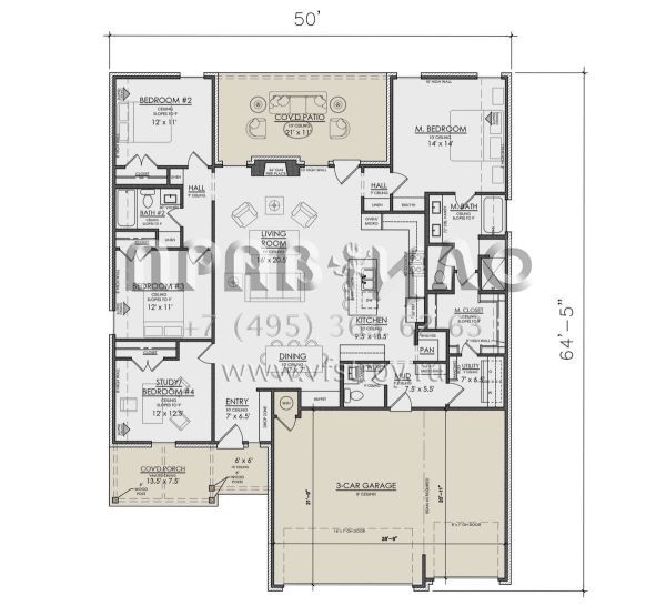 Проект одноэтажного дома с гаражом на три и более машин в американском стиле S5-181 (7071-00015)