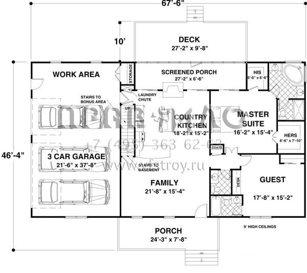 Проект одноэтажного дома с гаражом на три и более машин в стиле Ранчо S5-139 (036-00179)