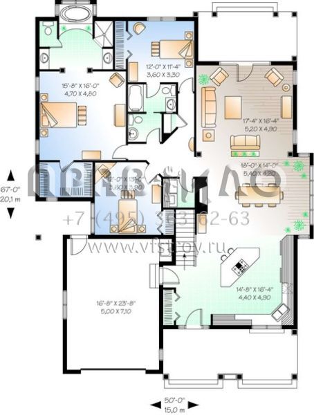 Проект одноэтажного дома с гаражом на одну машину в стиле Ранчо S5-197 (034-00644)