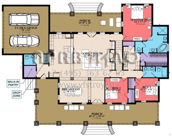 Проект двухэтажного дома с гаражом на две машины в стиле Ранчо S5-274 (1070-00272)