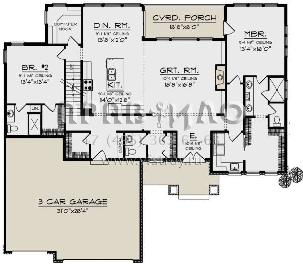 Проект одноэтажного дома с гаражом на три и более машин в американском стиле S5-195 (1020-00010)