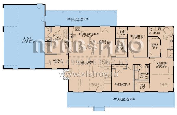 Проект одноэтажного дома с гаражом на три и более машин в стиле Ранчо S5-215 (8318-00346)