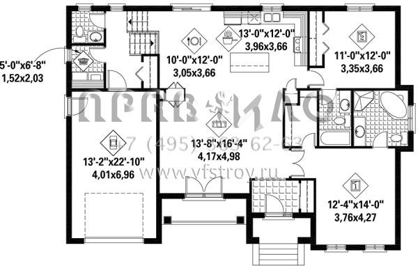 Проект одноэтажного дома с гаражом на одну машину в стиле Ранчо S5-138 (6146-00340)